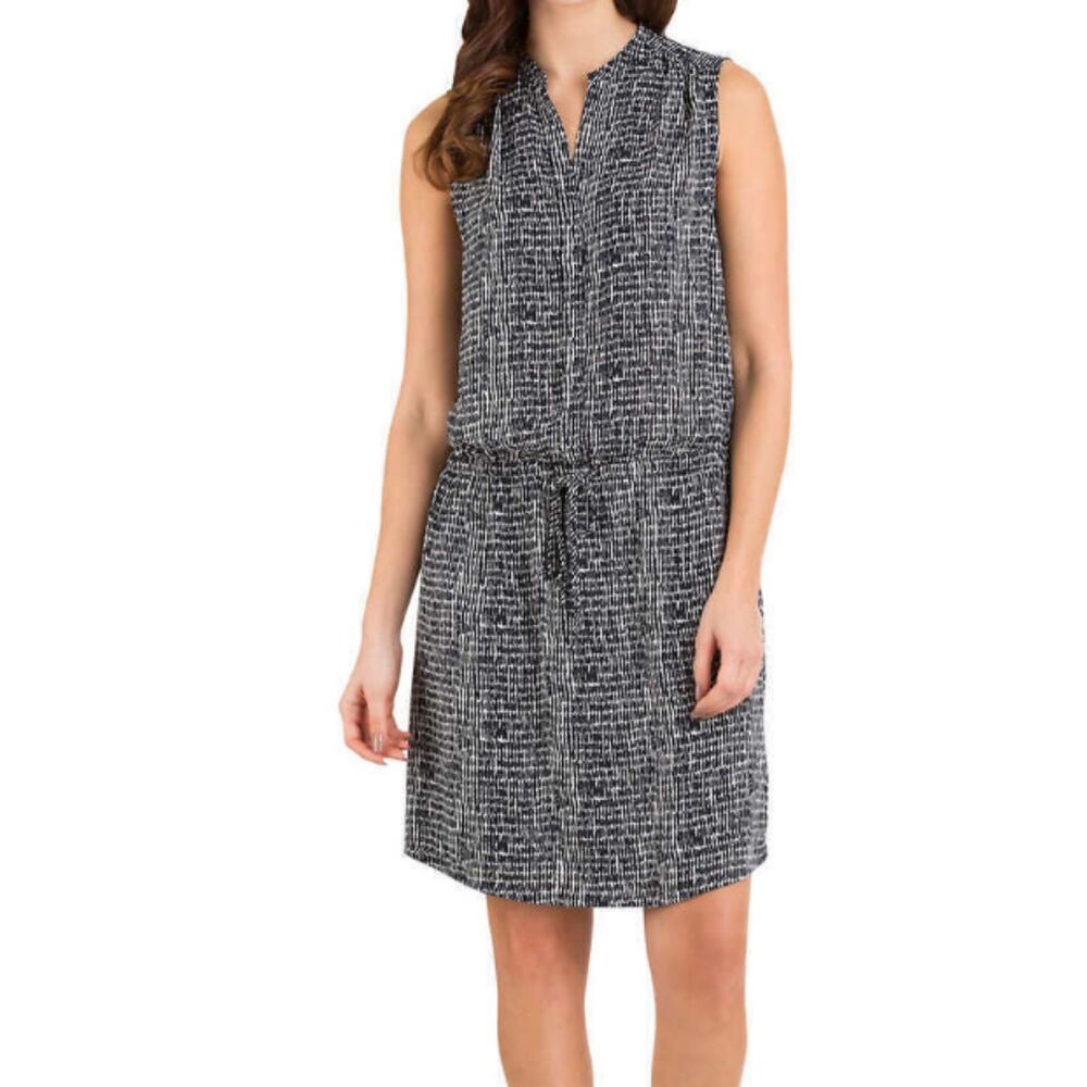 Hilary Radley Dress 4 Women's Black Printed Vneck Button Front Tie Waist Tunic